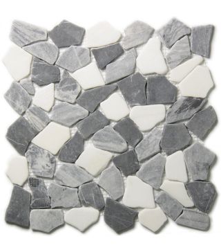 Polygonal Riverstone Tumbled Marquina Grey White Marble on Net 30.5x30.5 cm