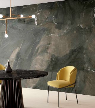 XL marble look floor tile Ironstone black matt and polished 120x260 cm