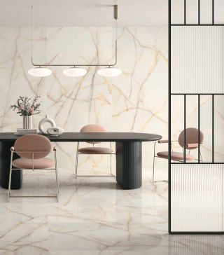 XL marble look floor tile Onice gold matt and polished 120x260 cm